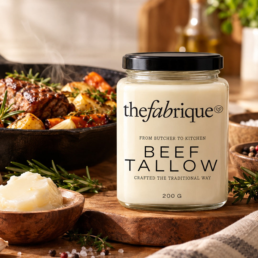 Beef tallow for cooking with roasted potatoes and steak