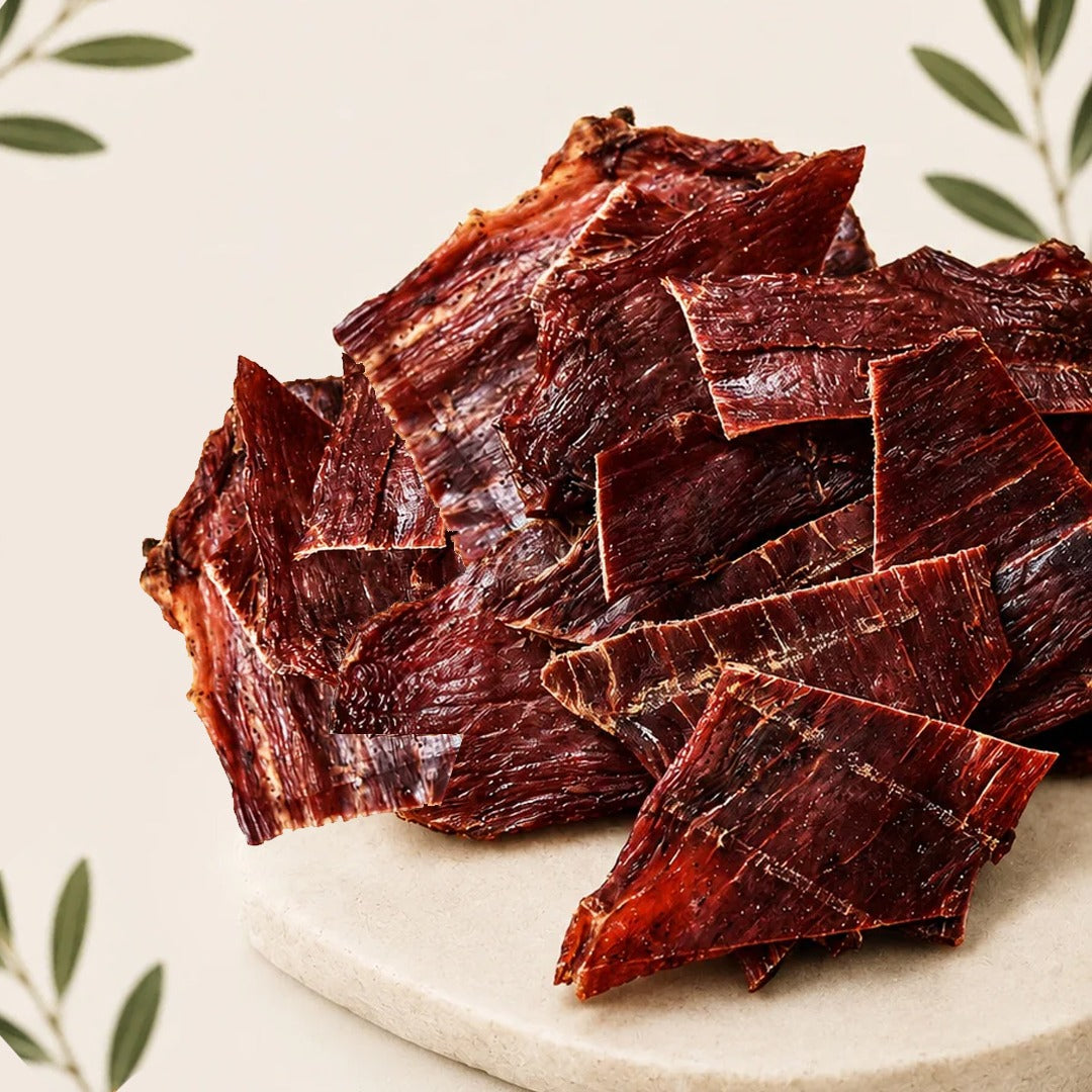 Delicious grass-fed beef jerky snack with clean ingredients and high protein content.