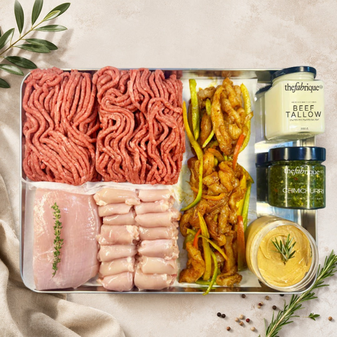 The Fabrique's clean protein bundles featuring premium chicken breast, low-fat turkey mince, grass-fed beef, and healthy summer meal prep ingredients.
