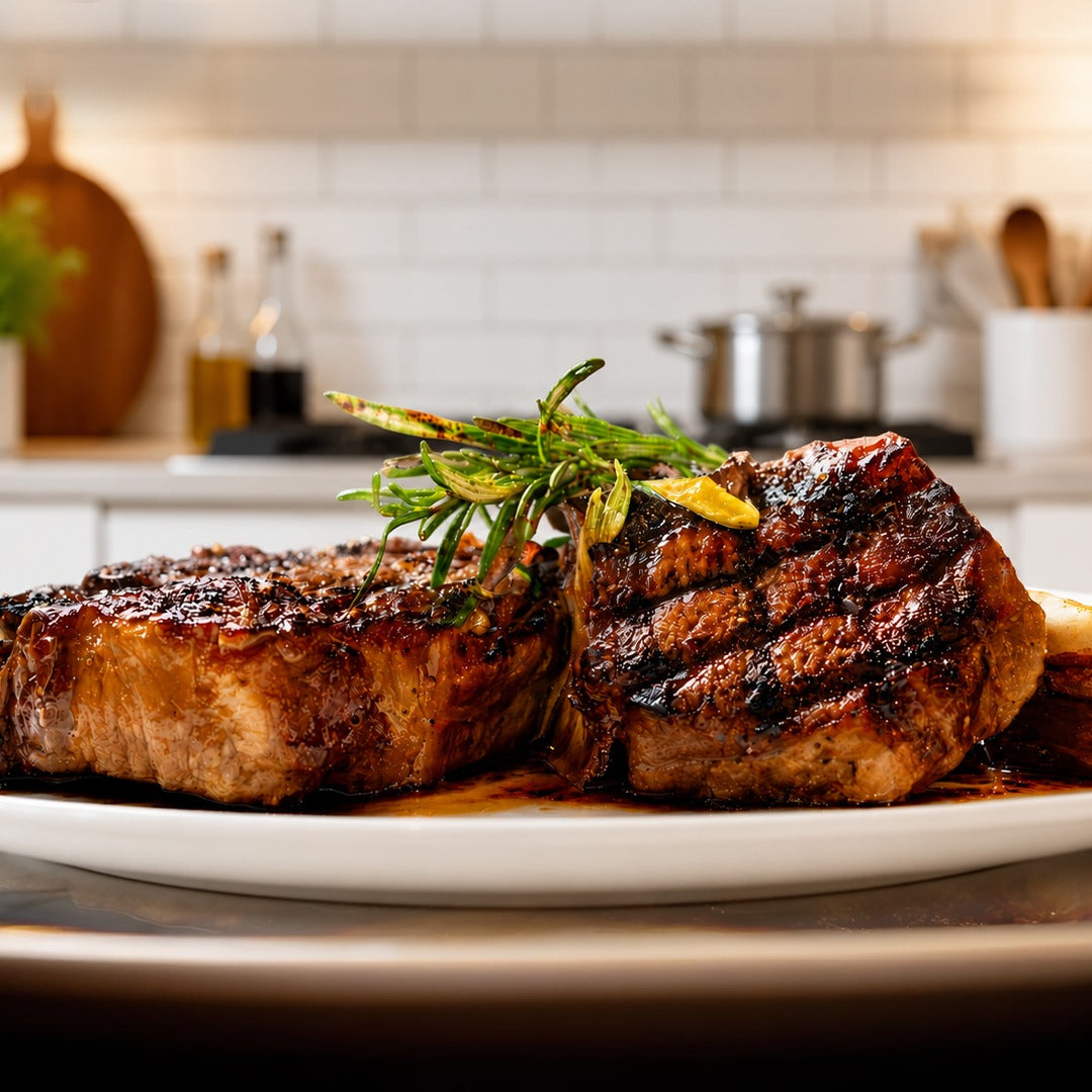 Cooking a grass-fed steak in a cast-iron skillet with butter, garlic, and herbs
