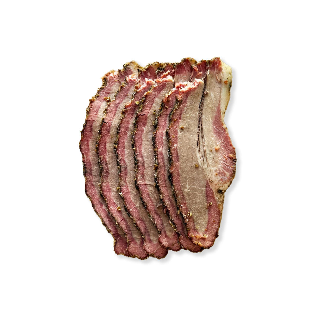 Sliced cured meat on a white background