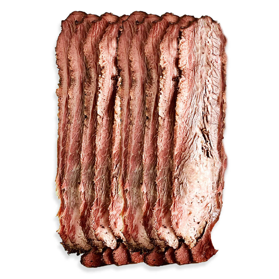 Stack of sliced pastrami 