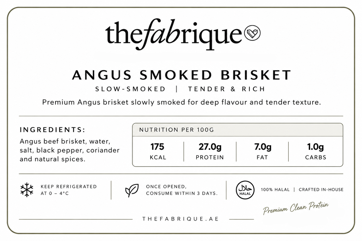 A square product information card for Thefabrique Angus Smoked Brisket, showing the brand name, product type, ingredients, nutrition per 100g, storage instructions, and halal certification mark on a white background with black text and a thin gray border.
