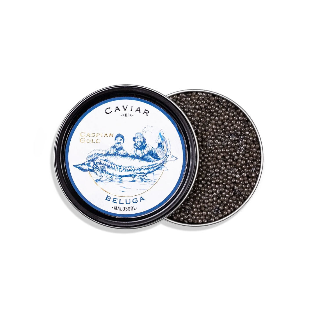 Open tin of caviar with visible brand label on a white background