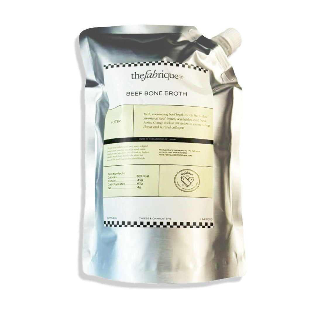 Package of beef bone broth from thefabrique on a white background