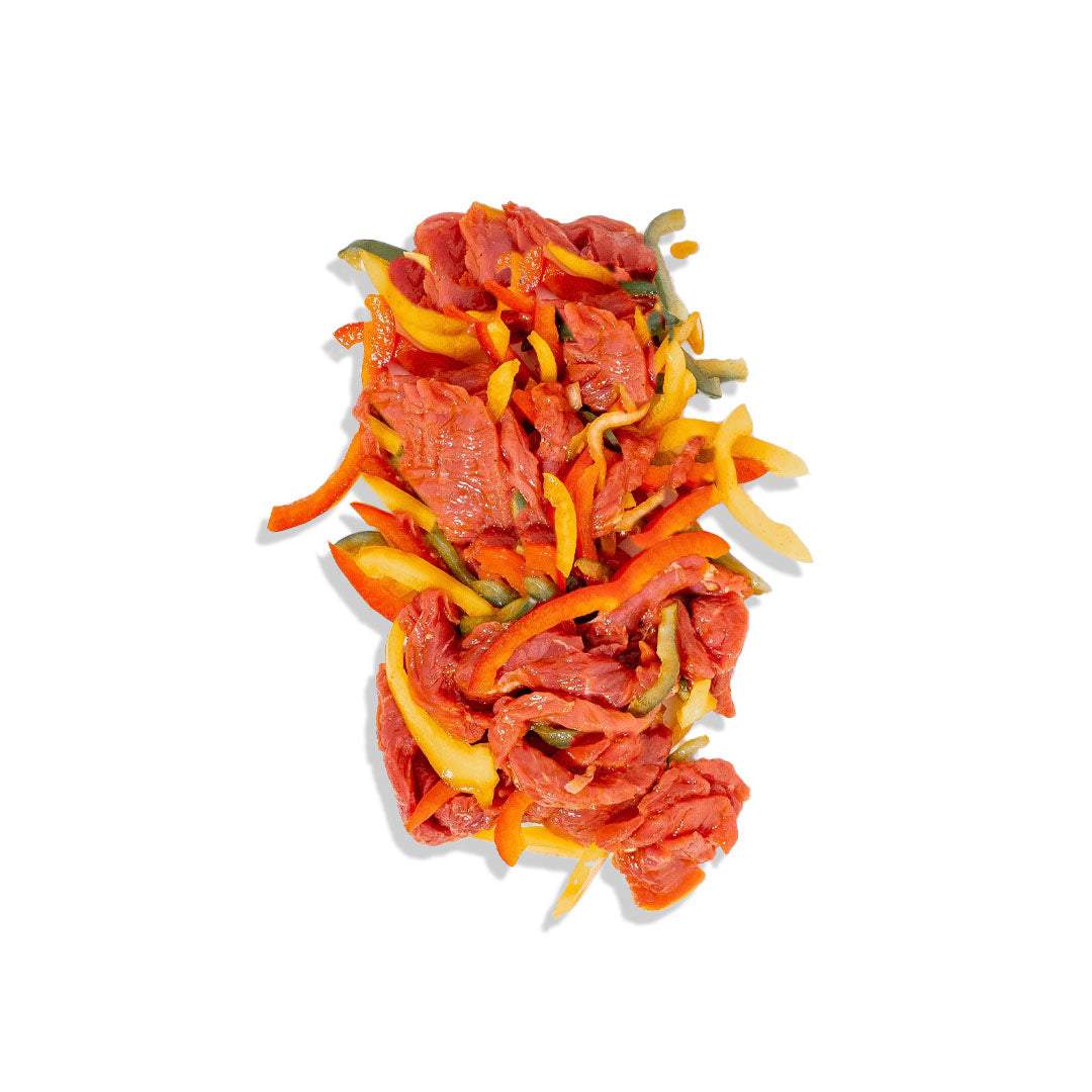 Tender beef fajita strips with peppers and onions, smoky and zesty Mexican-style meal