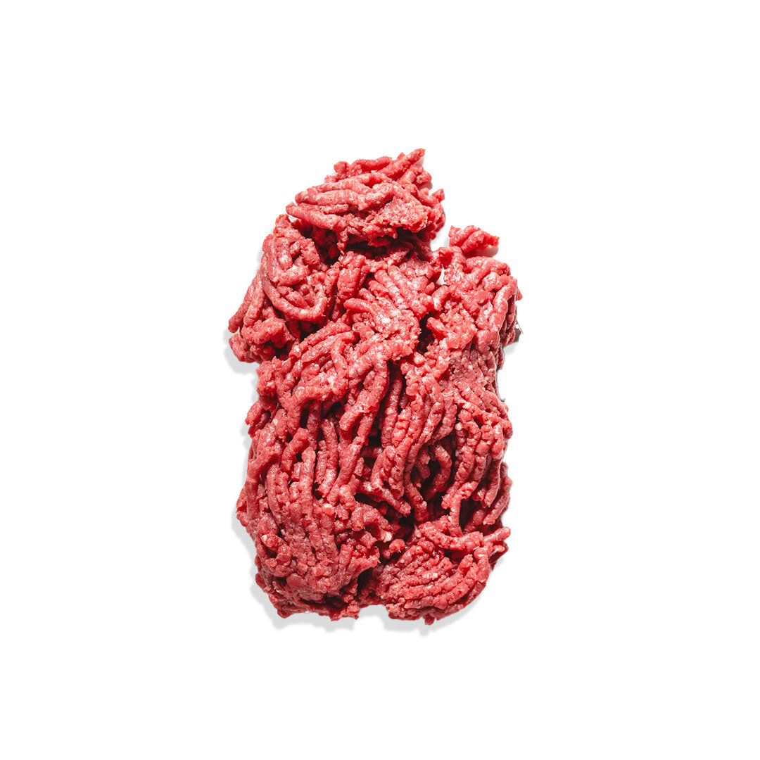 Raw ground beef on a white background