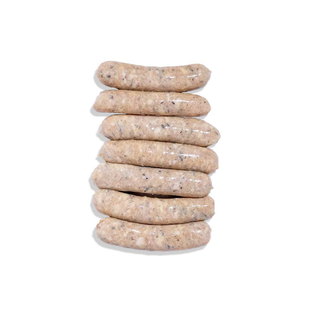 Juicy breakfast chicken herbs links sausage pan-fried golden with eggs and toast