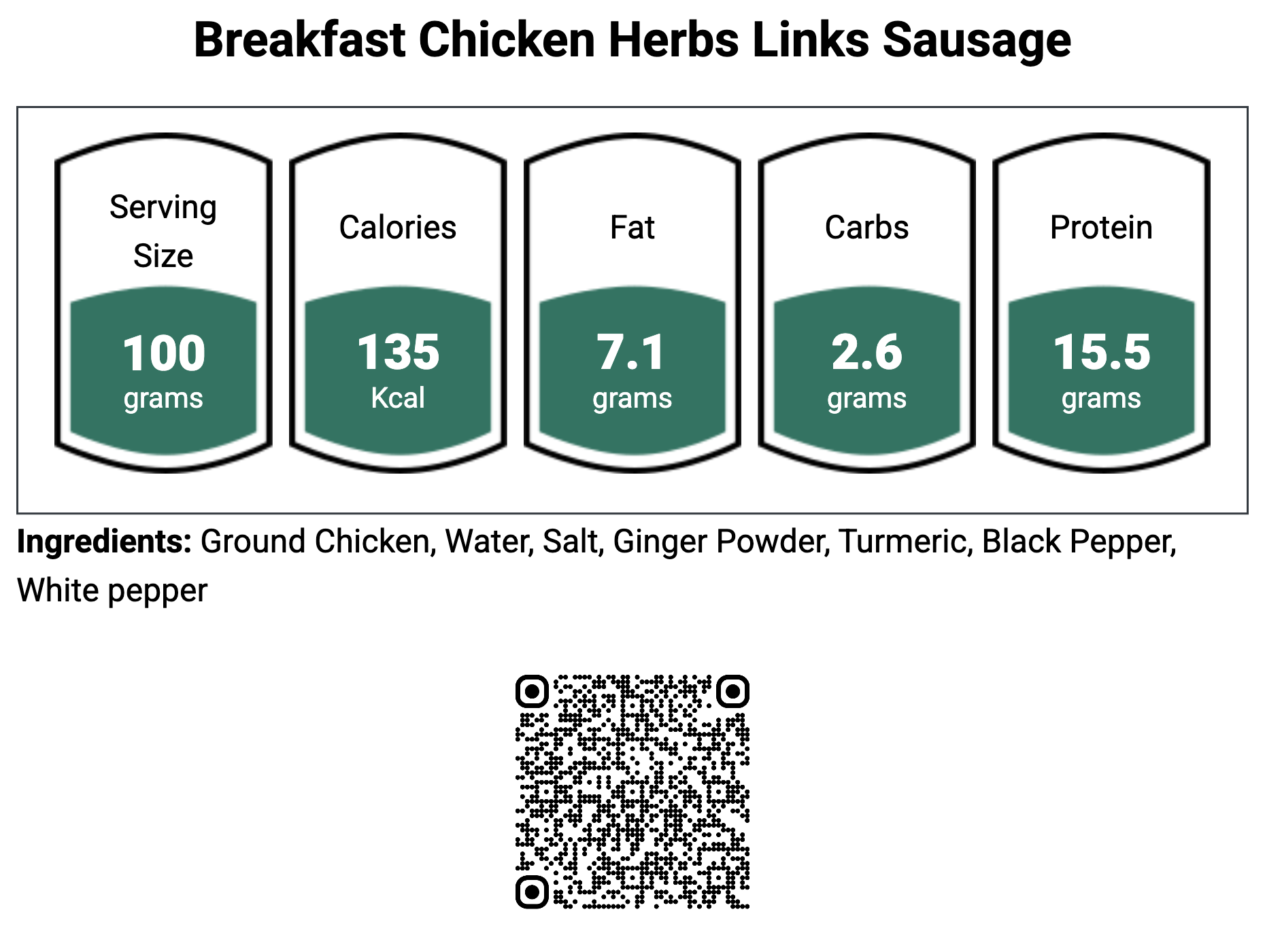 Nutritional information label for Breakfast Chicken Herbs Links Sausage with serving size, calories, fat, carbs, and protein details.