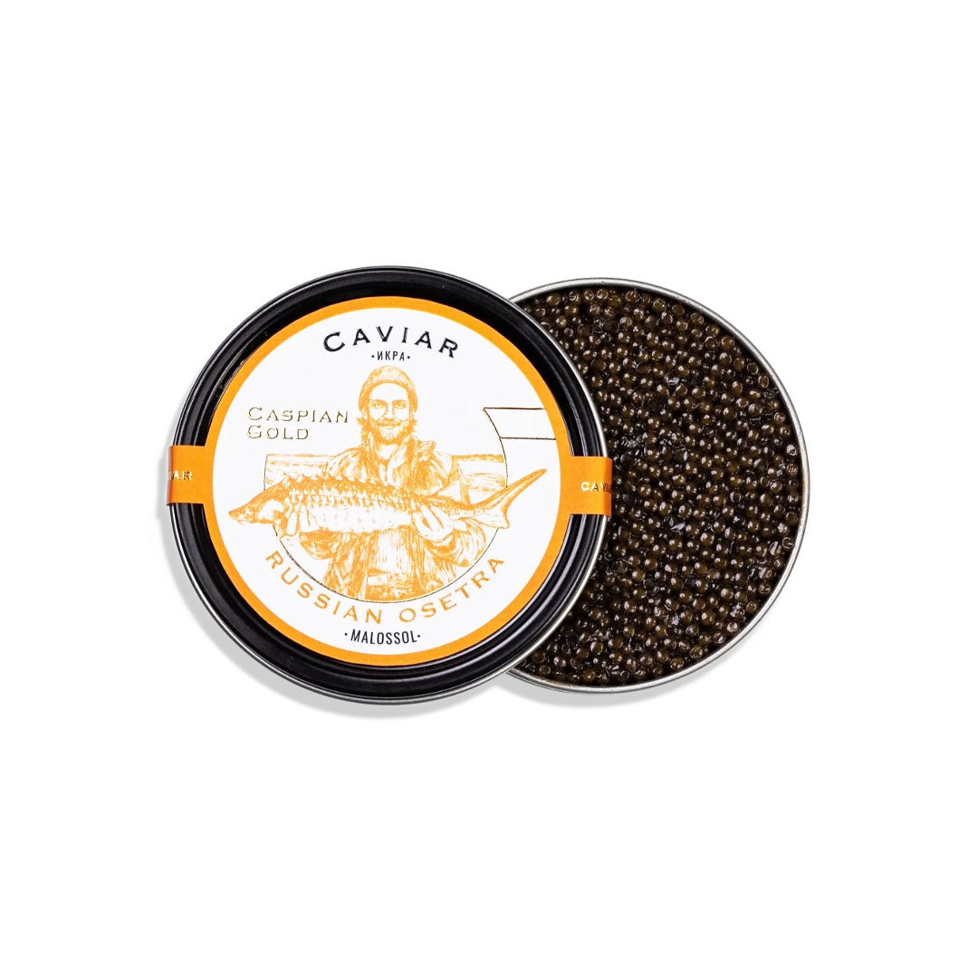 Open tin of caviar with visible brand label on a white background