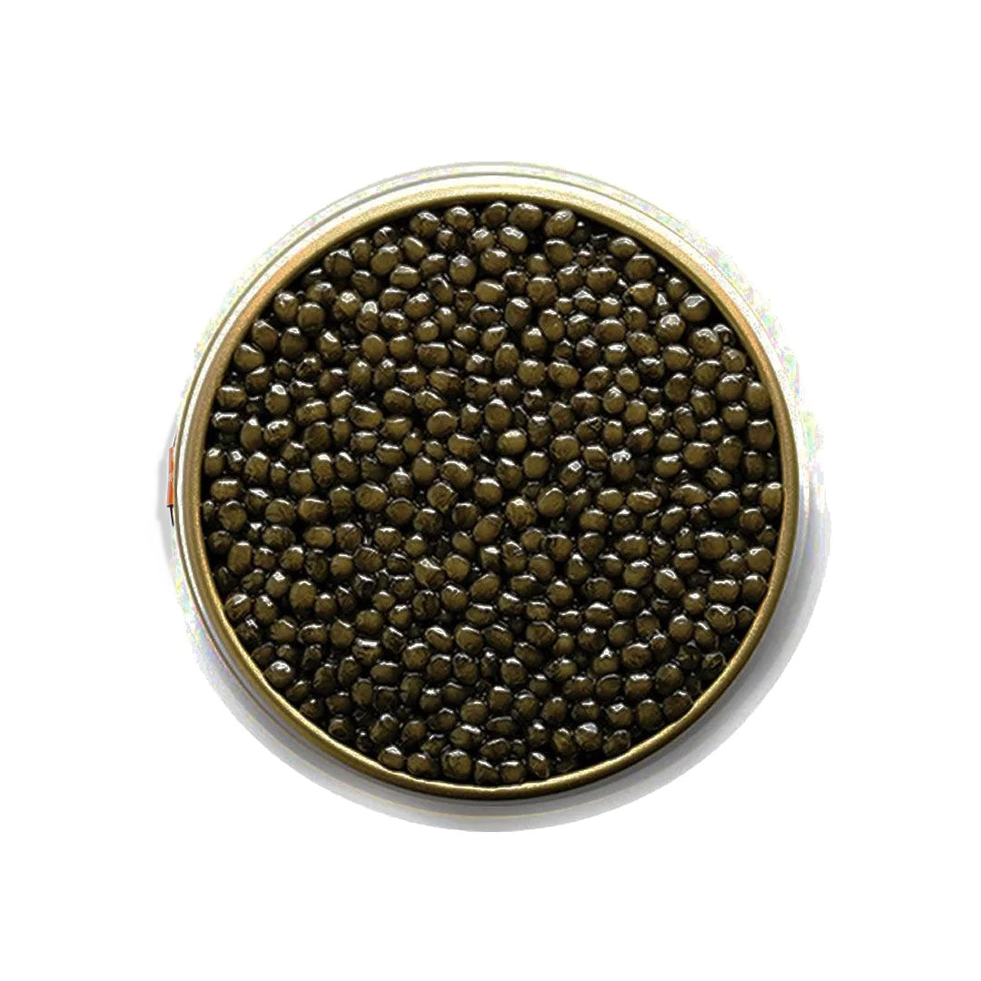 Caviar in a metal container on a white background