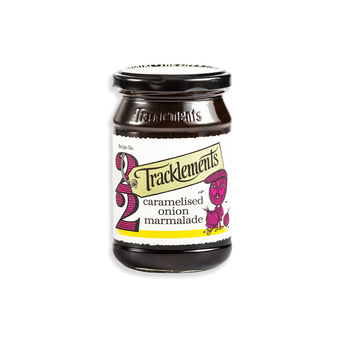 Jar of Tracklements caramelised onion marmalade on a white background