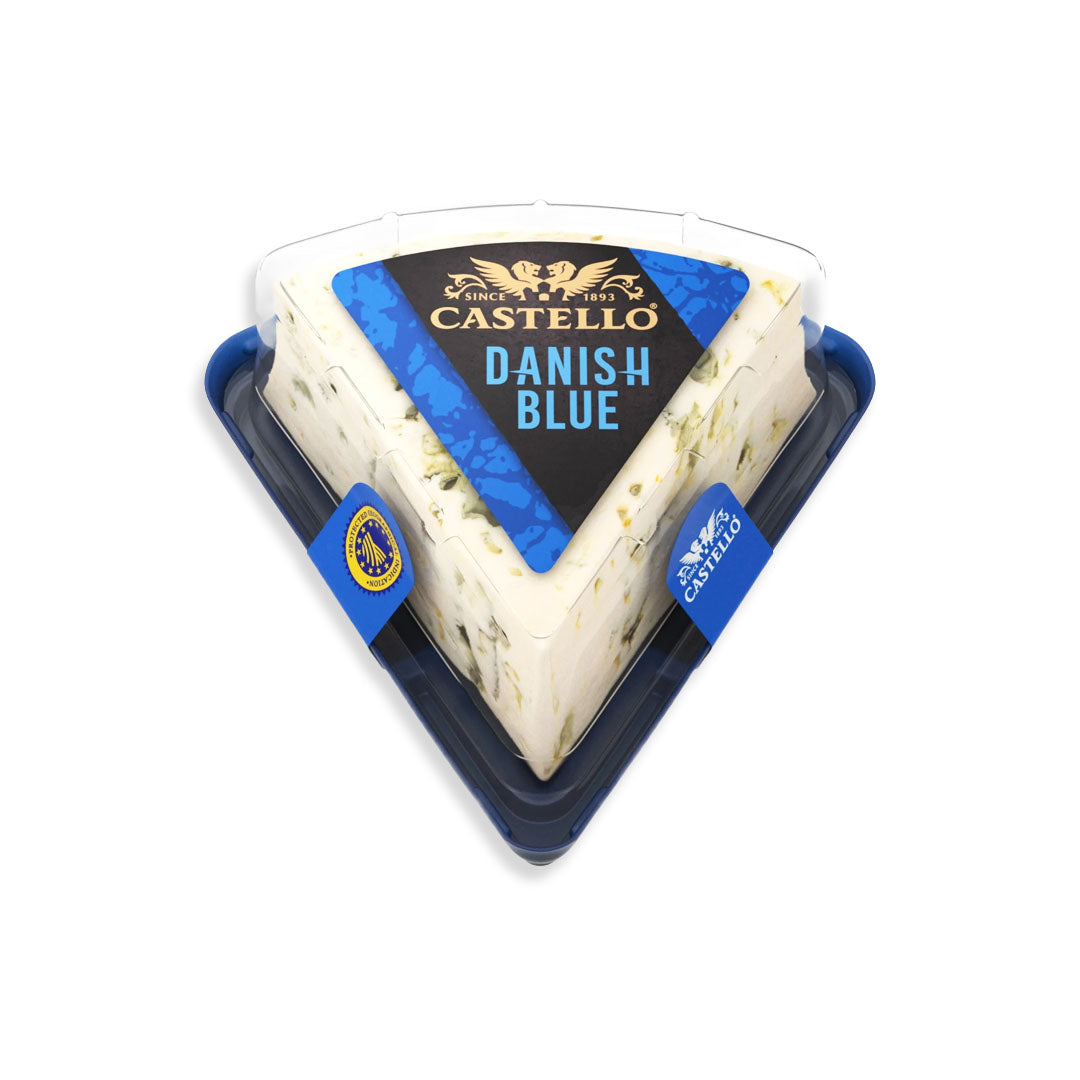 Packaged Danish Blue cheese with Castello branding on a white background