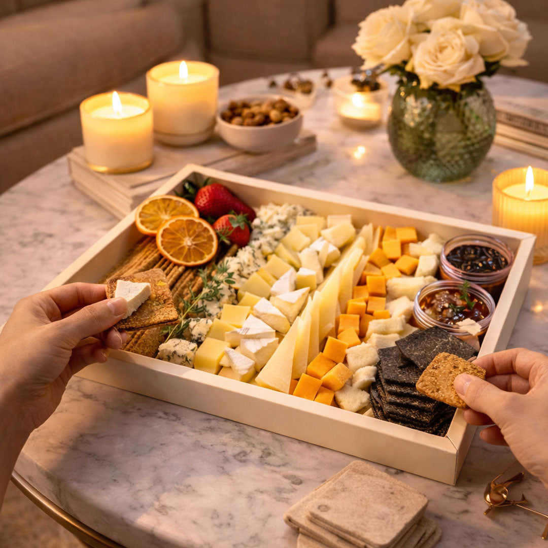 Assorted cheeses, crackers, and fruits in during Romantic night 