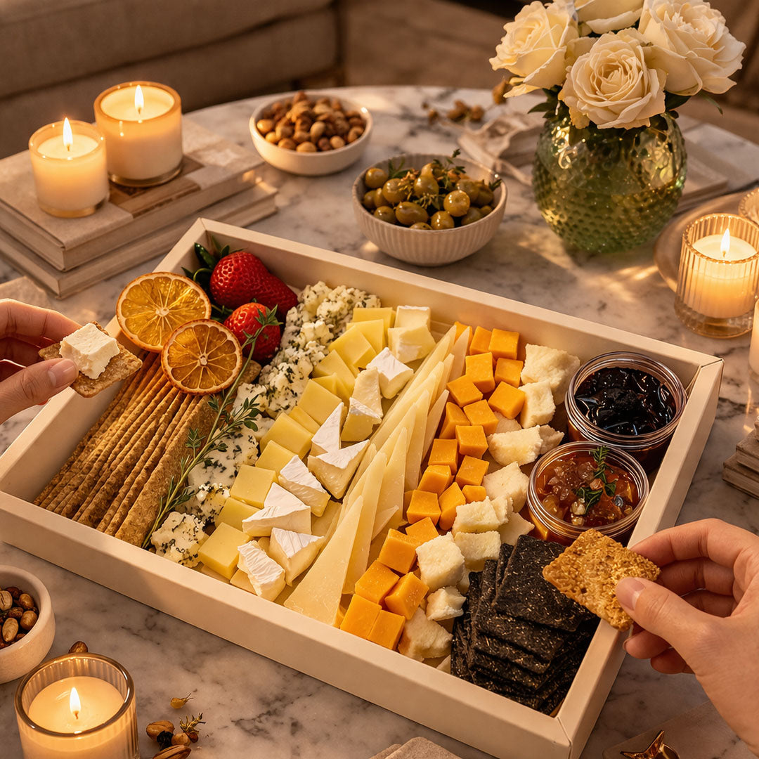 Assorted cheeses, crackers, and fruits in during Romantic night 