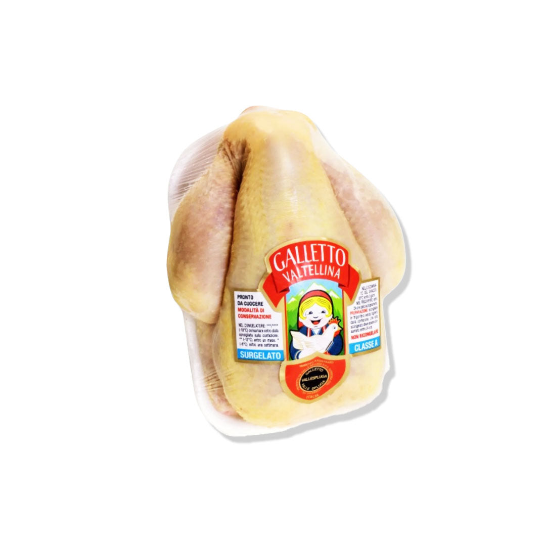 Packaged chicken with Galletto Valtellina label on a white background