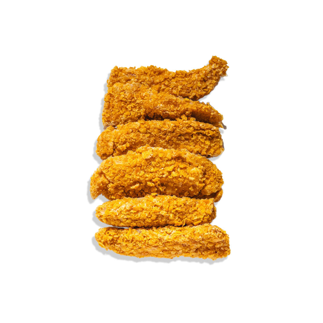 Five breaded chicken tenders on a white background
