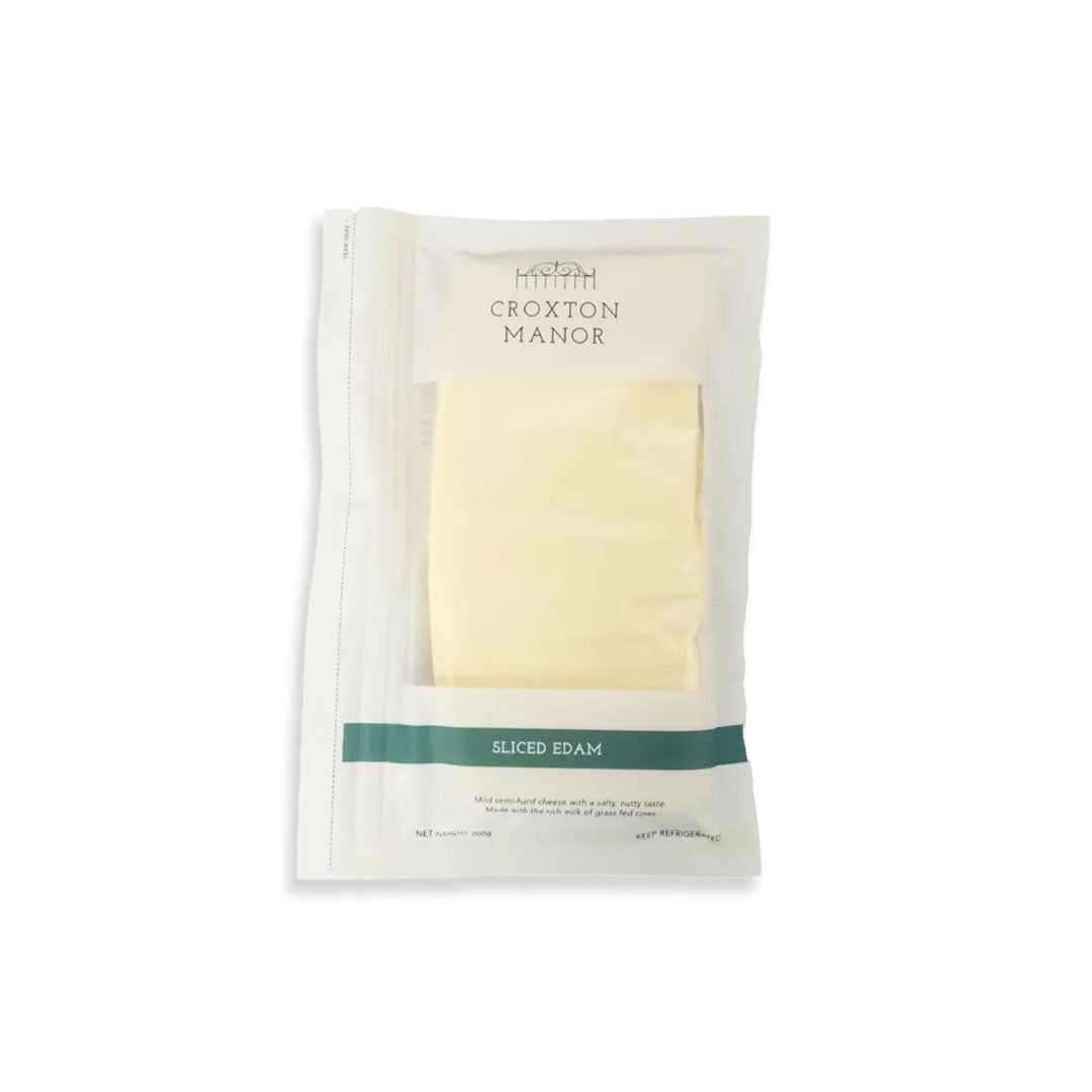 Package of sliced Edam cheese from Croxton Manor on a white background