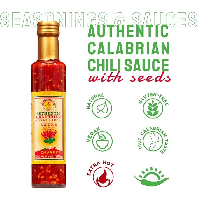 Bottle of Authentic Calabrian Chili Sauce with seeds on a white background