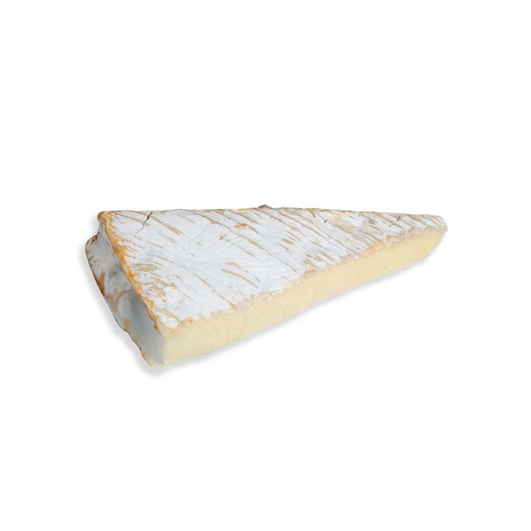 French Brie Cheese with creamy texture and bloomy rind on wooden board