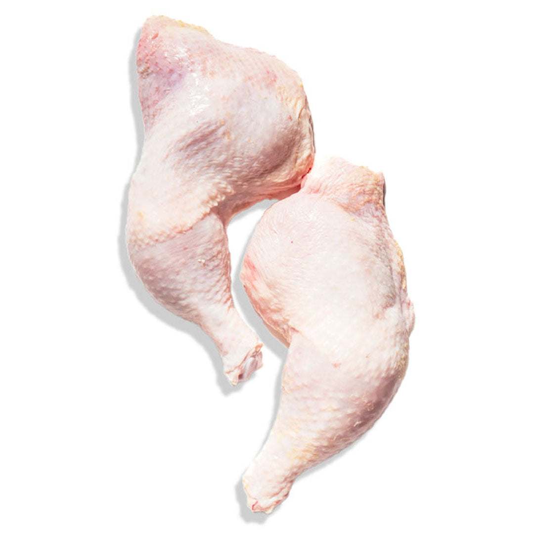 Two raw chicken thighs on a white background