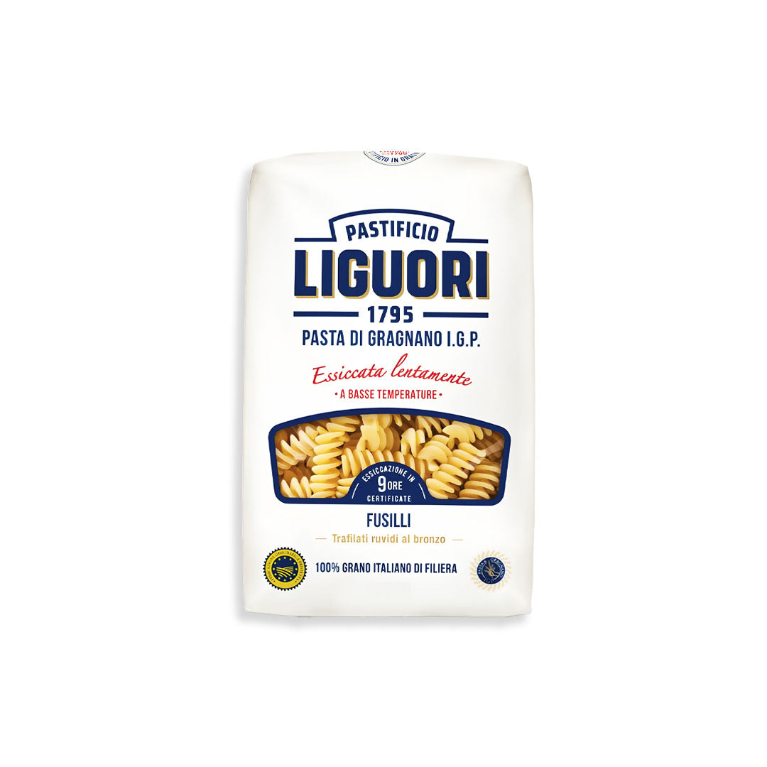 Packaging of Pastificio Liguori fusilli pasta on a white background