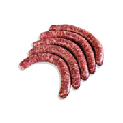 Traditional German bratwurst sausage made from premium beef, seasoned for a mild, juicy flavor, ideal for grilling.