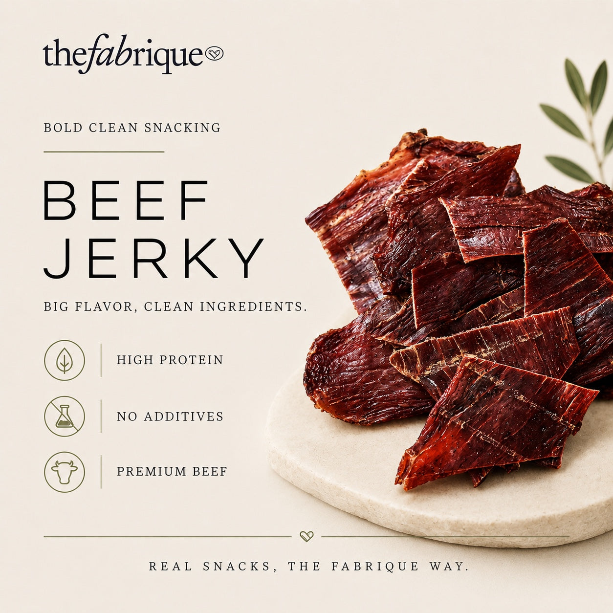 Beef jerky on a stone board with 'thefabrique' branding and product details.
