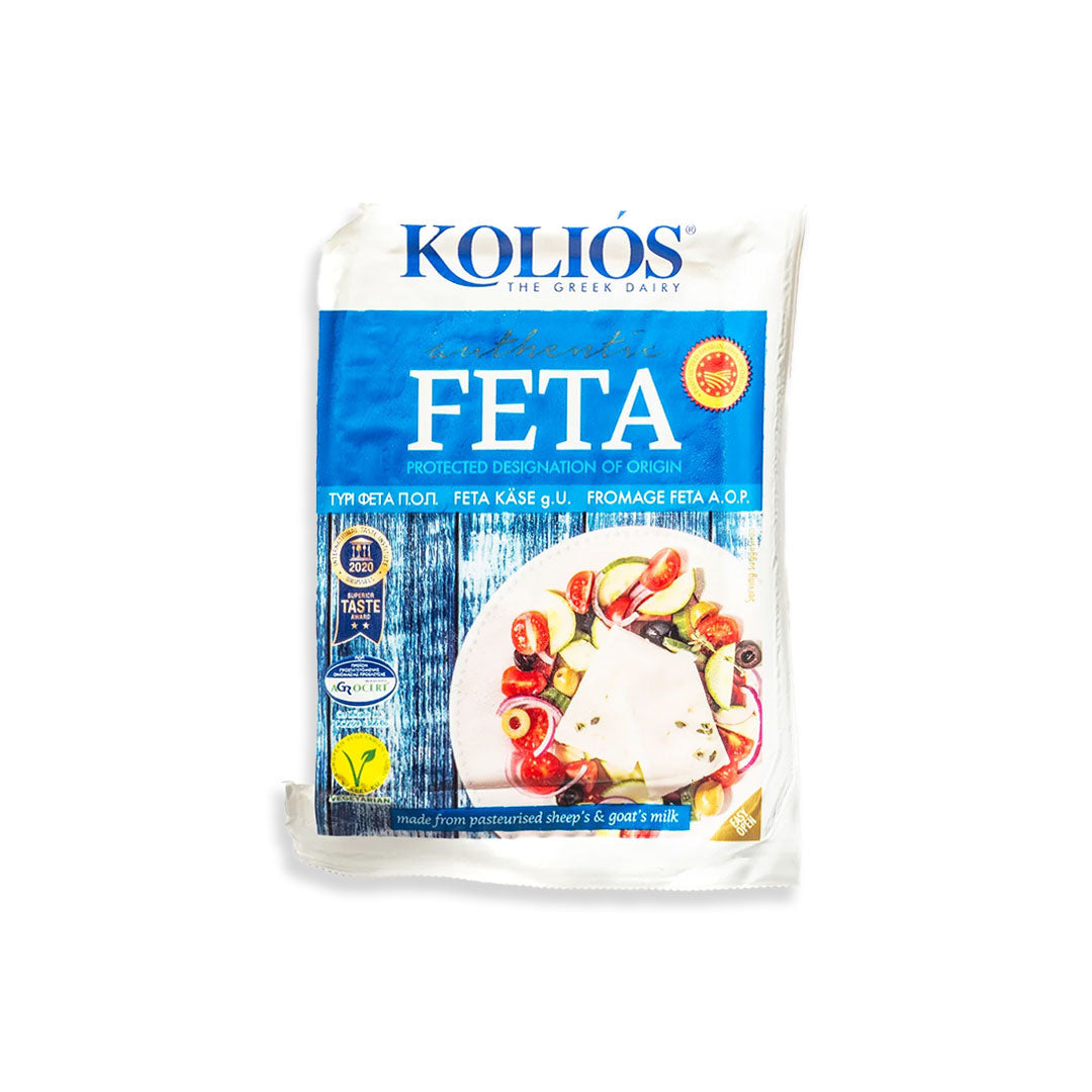 Koliós Feta cheese packaging on a white background