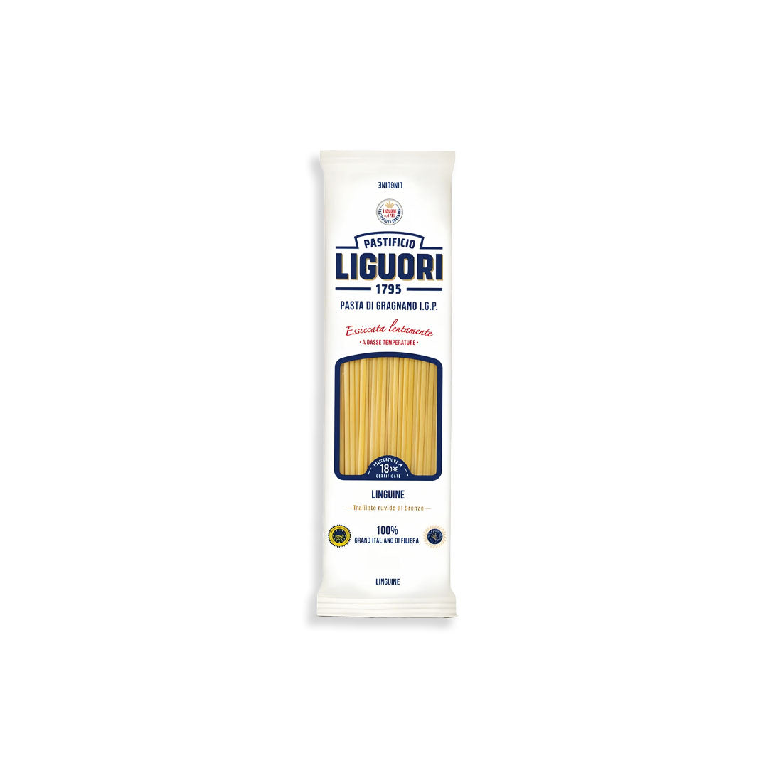 Pasta package with 'Pastificio Liguori' branding on a white background