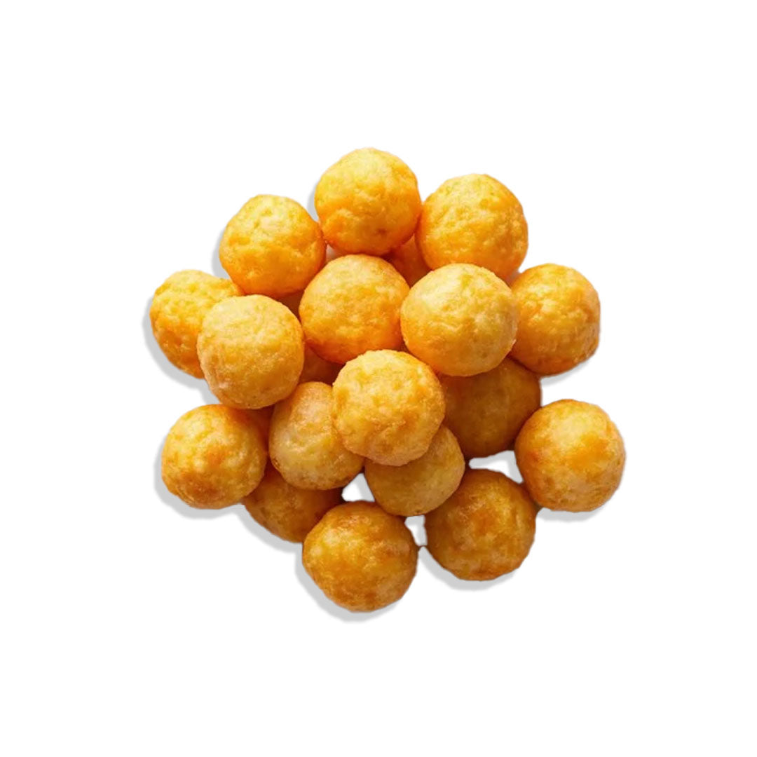 Cluster of round, golden-brown cheese balls on a white background