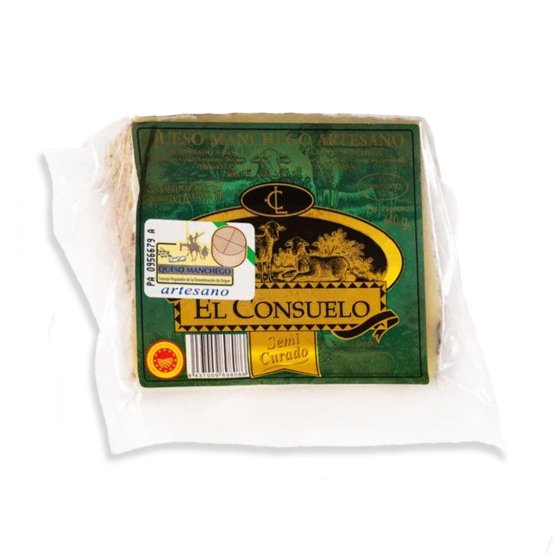 Block of cheese with 'El Consuelo' packaging on a white background