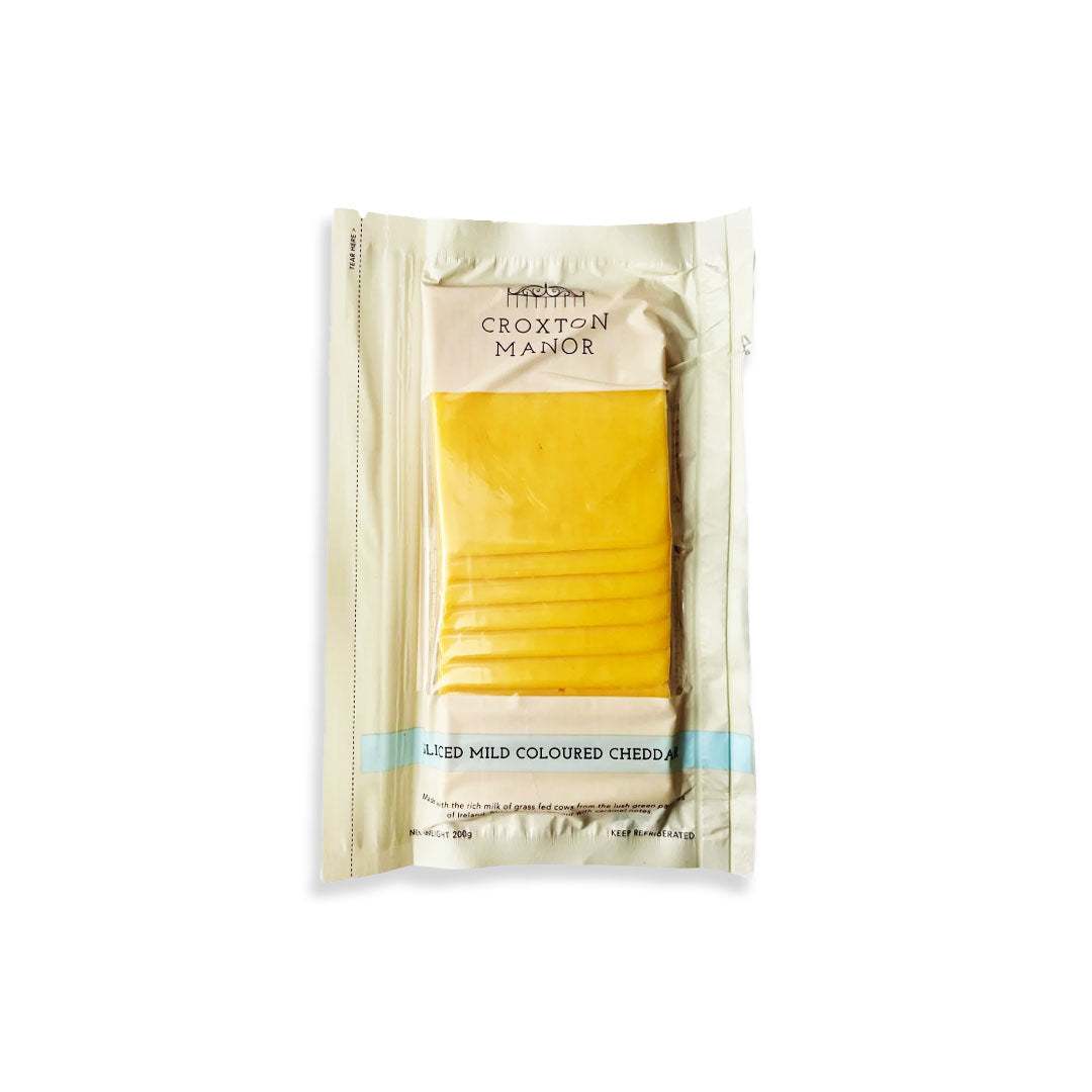 Mild colored cheddar cheese slices with creamy texture and smooth flavor by Croxton Manor