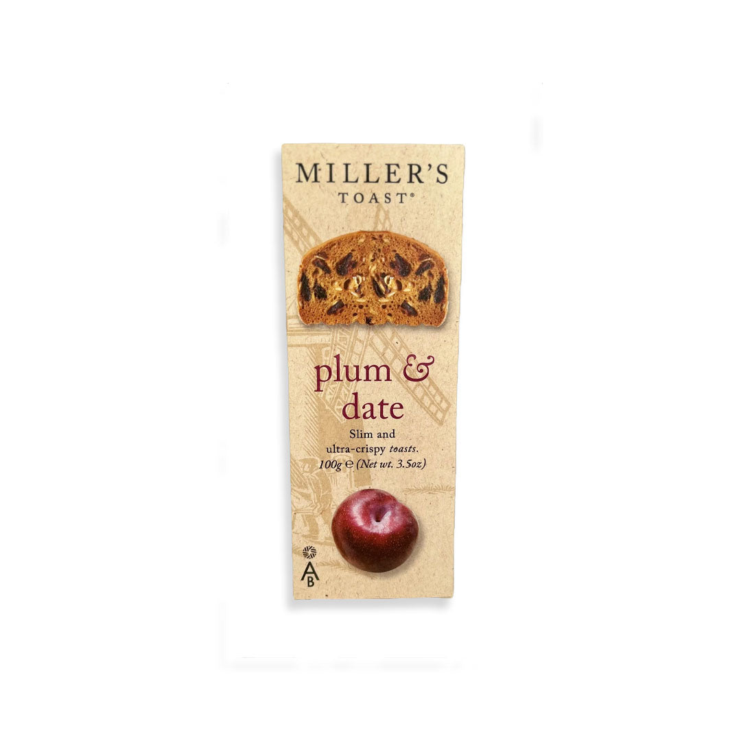 Miller's Toast plum & date snack package on a white background