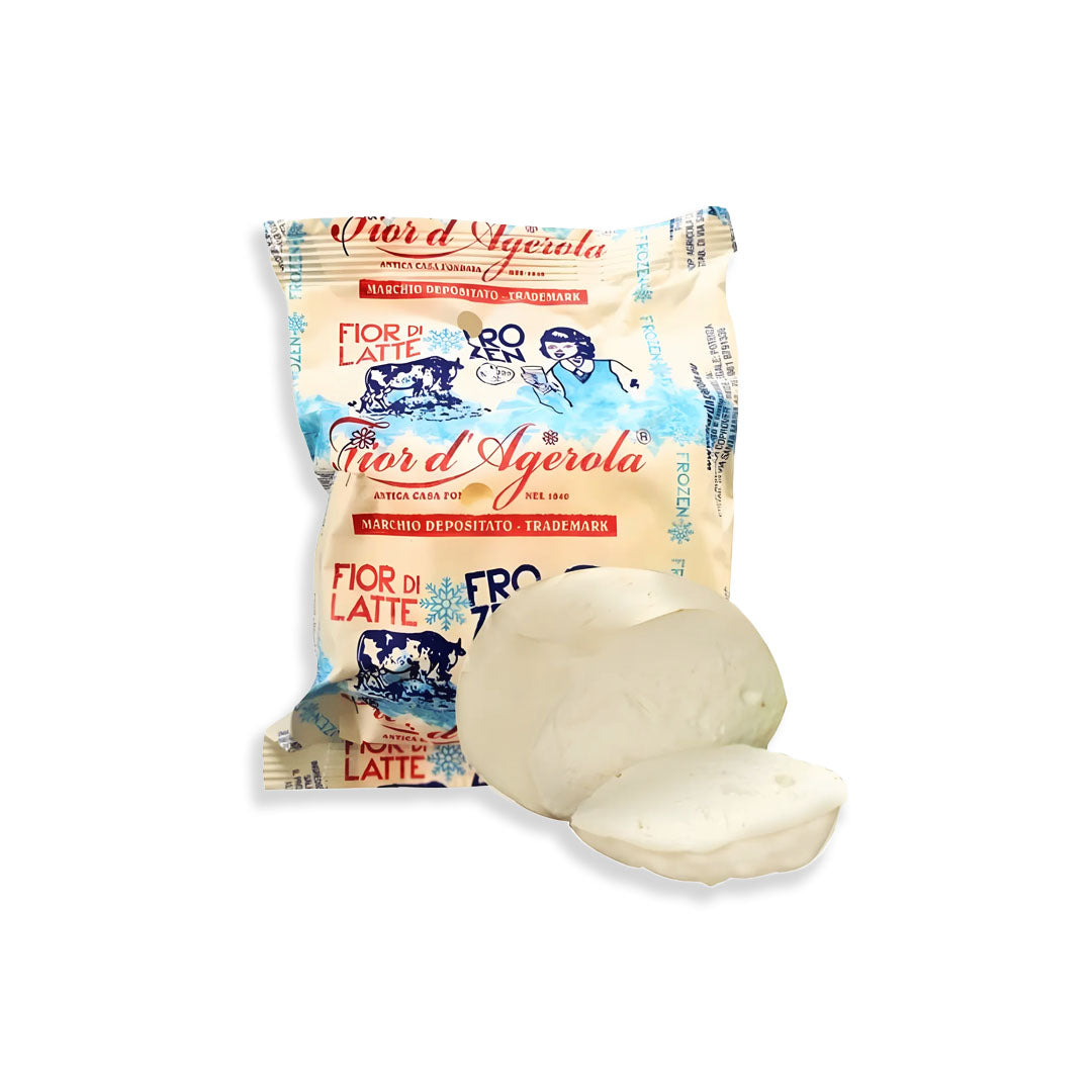 Fior d'Agerola cheese packaging with a block of cheese on a white background