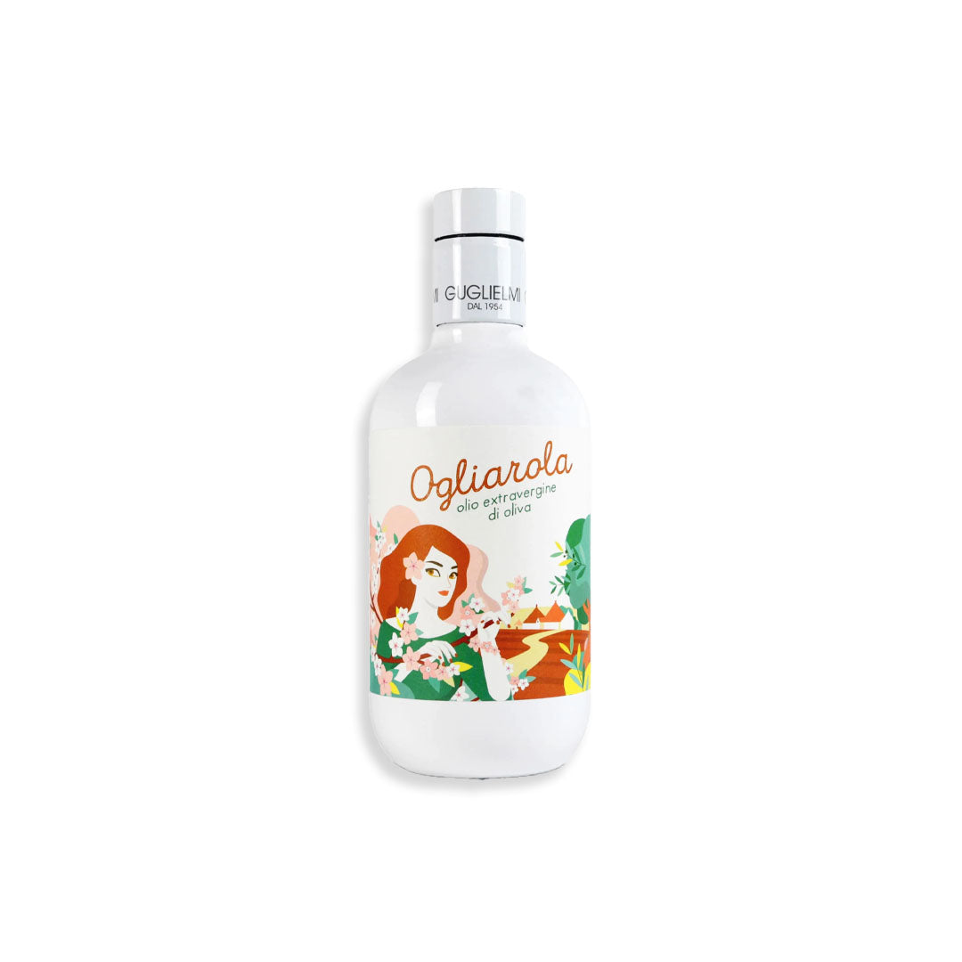 Bottle of Ogliarola olive oil on a white background