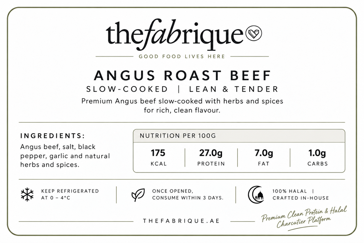 A clean product information card for ThefaBrique Angus Roast Beef, showing the brand name, product type, ingredients, nutrition per 100g, storage instructions, and halal certification mark.