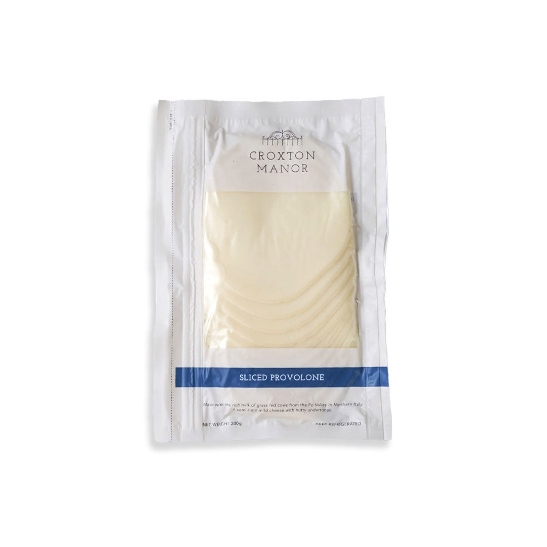 Packaged sliced provolone cheese with Croxton Manor branding on a white background