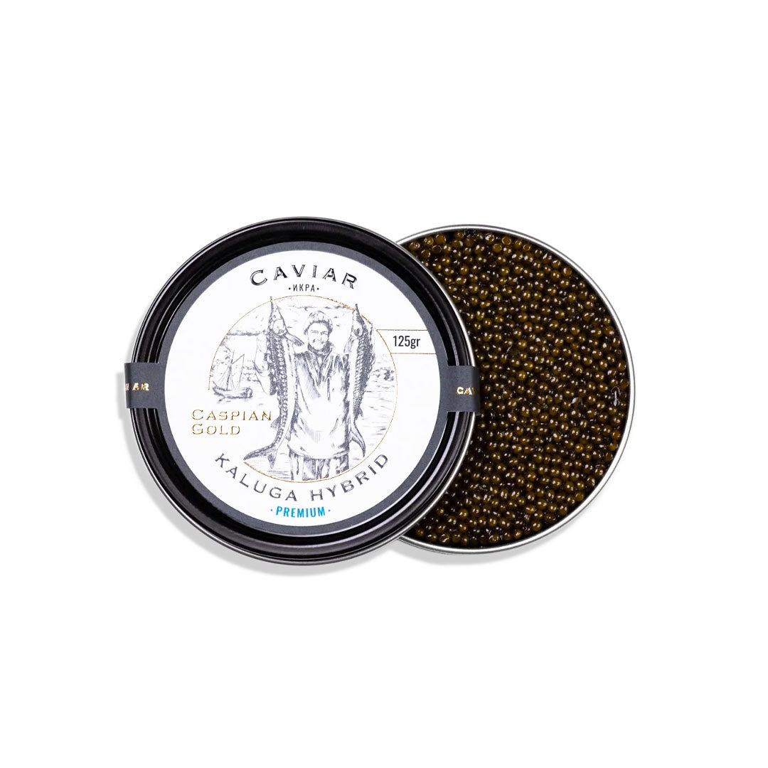 Caviar in a tin with visible brand name on a white background