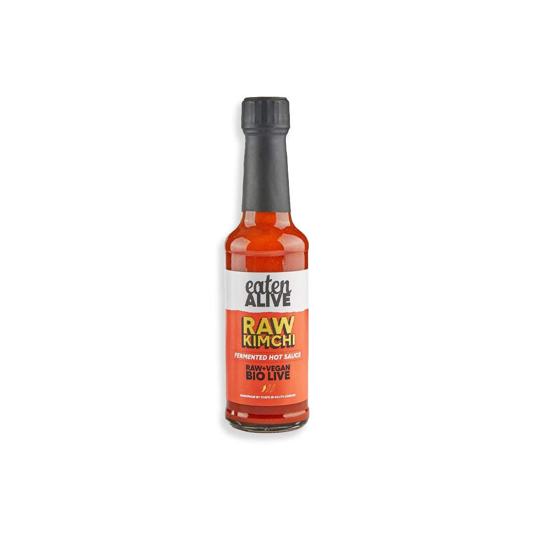 Raw Kimchi Fermented Hot Sauce bottle showcasing probiotic-rich, spicy fermented kimchi sauce
