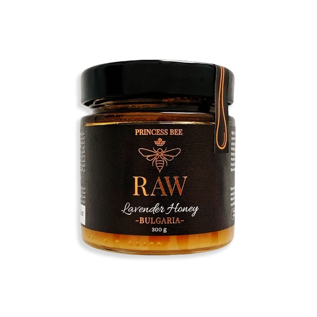 Jar of Princess Bee Raw Lavender Honey from Bulgaria on a white background