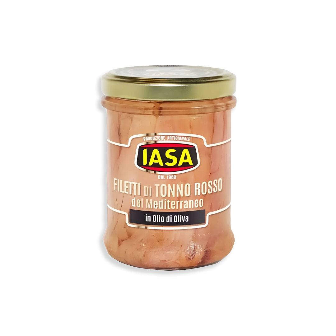 Jar of Iasa tuna fillets on a white background