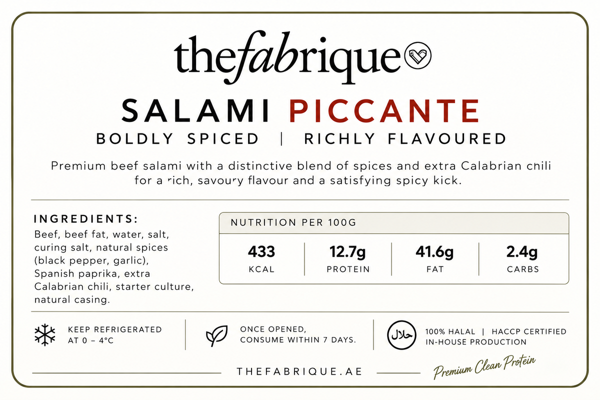 A square product information card for Thefabricque Salami Piccante, featuring the brand name, product type, flavor description, ingredients list, nutrition facts per 100g, storage instructions, and certification logos on a white background.