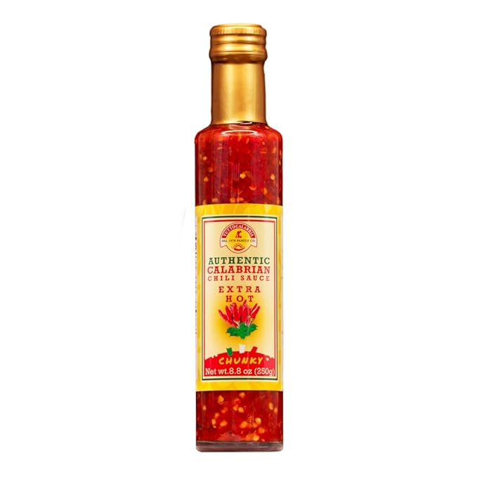 Bottle of Authentic Calabrian Chili Sauce on a white background