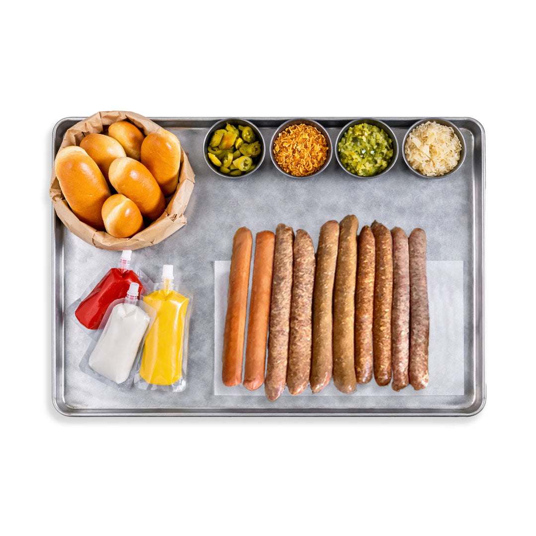 Sausage FAB Experience Box with assorted premium sausages, soft potato rolls, toppings, and sauces for grilling and gatherings