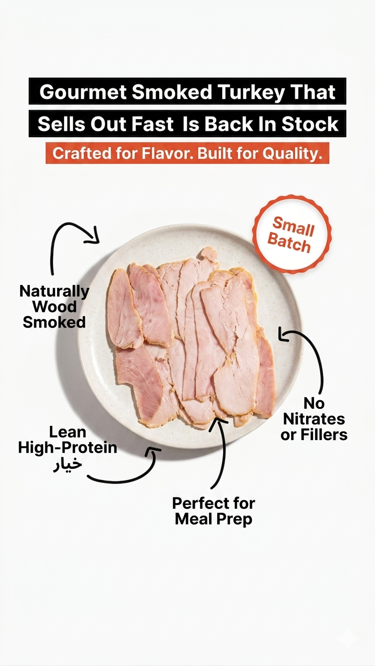 Promotional graphic showing sliced smoked turkey on a white plate with marketing text and callouts: 'Gourmet Smoked Turkey That Sells Out Fast Is Back In Stock,' 'Small Batch,' 'Naturally Wood Smoked,' 'Lean High-Protein,' 'No Nitrates or Fillers,' and 'Perfect for Meal Prep.'.