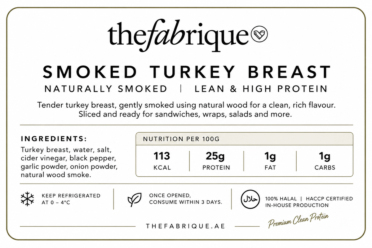 Front label of a Thefabrique Smoked Turkey Breast package, showing product name, naturally smoked claim, ingredients, nutrition per 100g, storage instructions, and branding on a white background with a thin border.