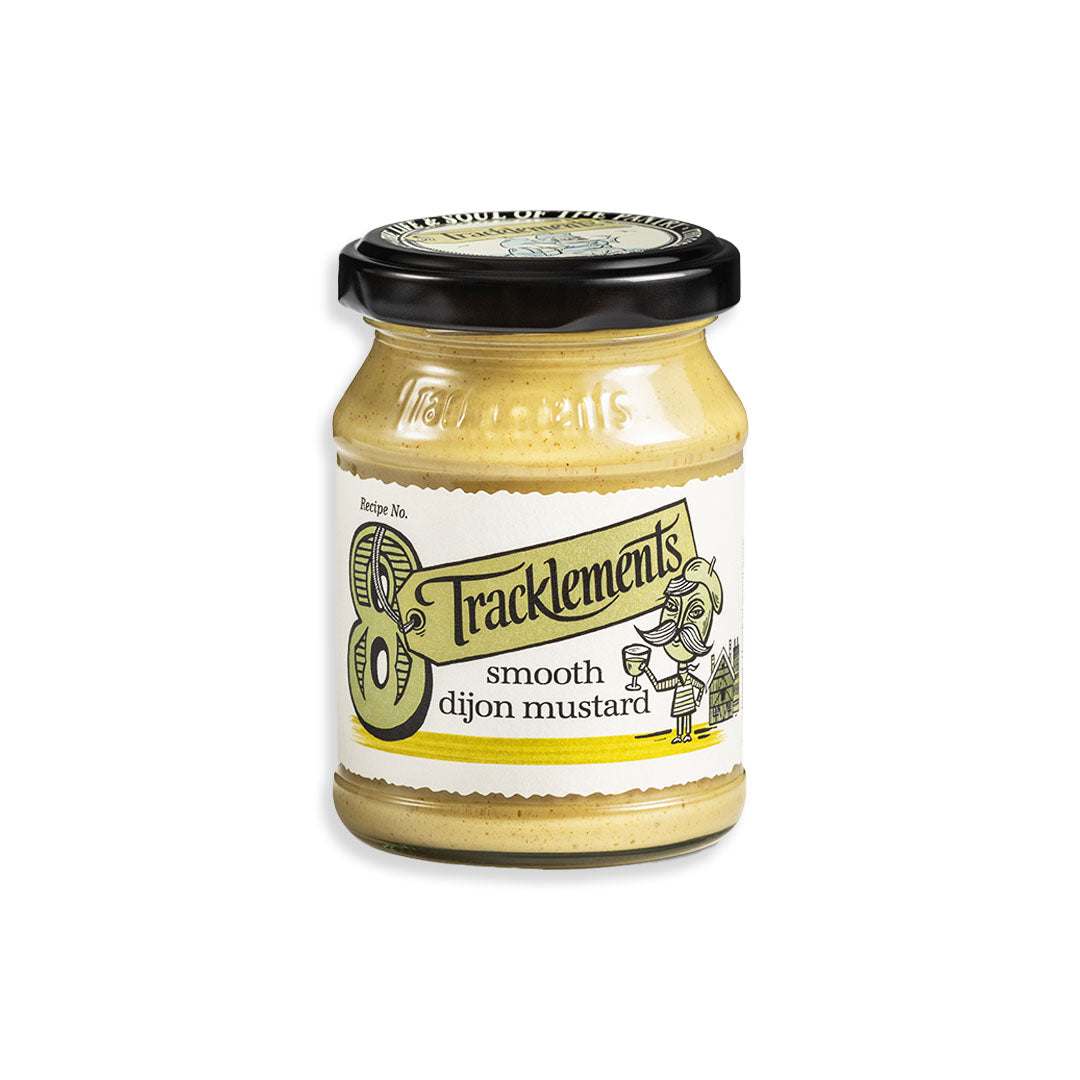 Smooth Dijon mustard jar by Tracklement with smooth texture and bold tangy flavor
