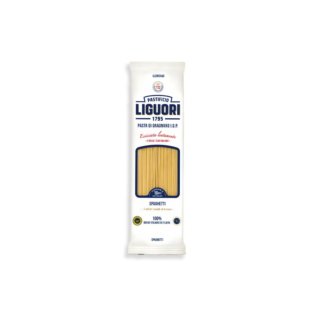 Pack of Liguori spaghetti pasta on a white background