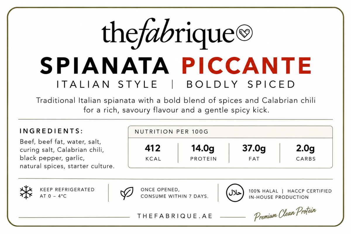 The Fabrique Spijata Piccante Italian Style Boldly Spiced clean beef protein powder packaging label, featuring product details, ingredients, nutrition facts, and storage instructions on a white background.